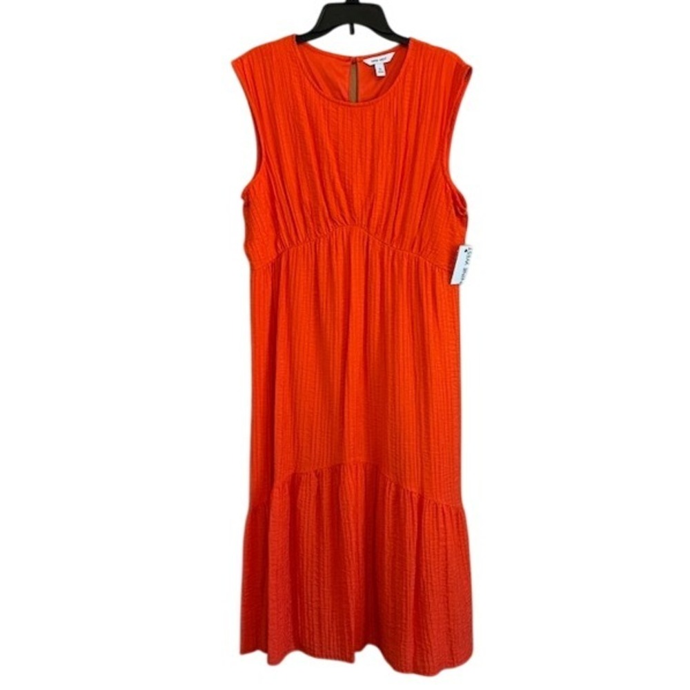 NWT Nine West Women's Tiered Sleeveless‎ Midi Dress Orange Textured XL
